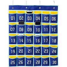 Numbered Pocket Chart Classroom Organizer for Cell Phones Holders (30 Pockets, Blue Pockets)